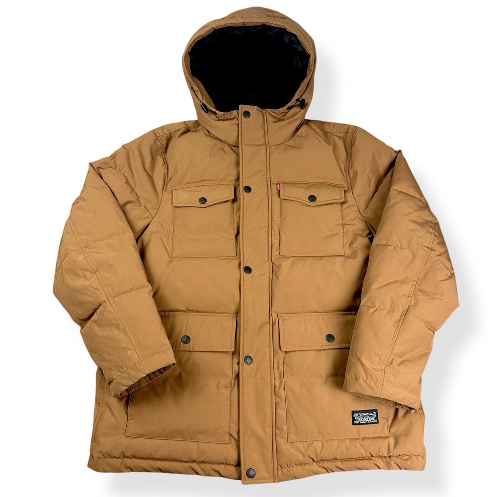 Levi's Jacket Men's Size Large Brown Quilted Pockets‎ Parka Hoodie -Excellent